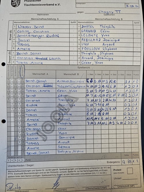 Feuille de rencontre Mittelbach 1 - Chagny TT 1